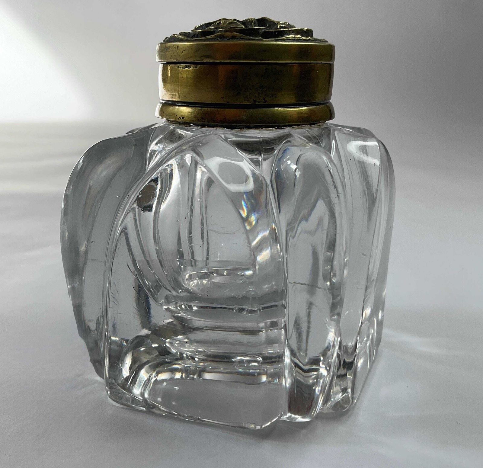 Decorative Victorian Glass Inkwell – Ornate Floral Chased Brass Lid – C.1890 photo buy