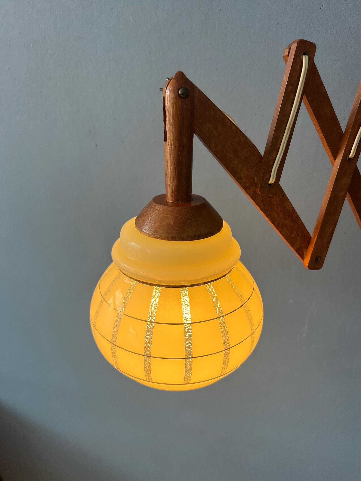 Vintage Teak Wood Scissor Wall Lamp With Glass Shade photo 267.0