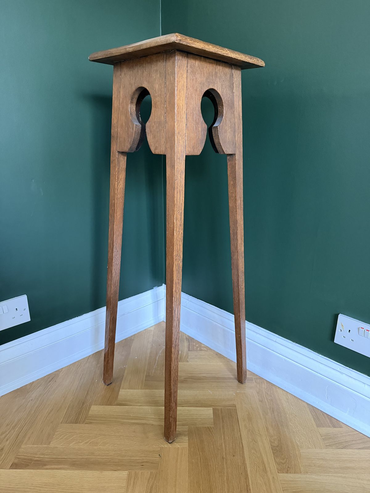 Arts And Crafts Keyhole Design Oak Torchere / Plant Stand photo for sale
