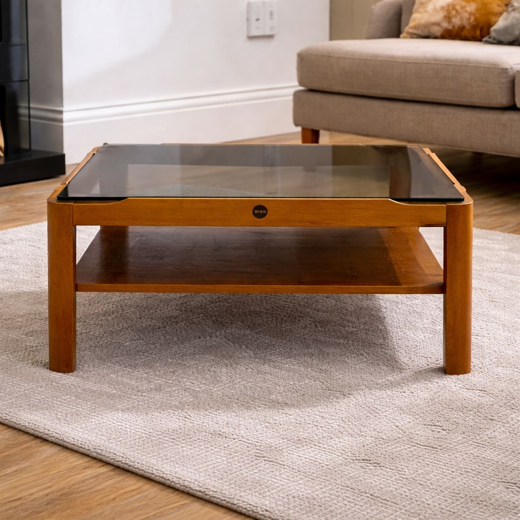 Myer Mid Century Modern Teak Coffee Table With Smoked Glass & Lower Shelf