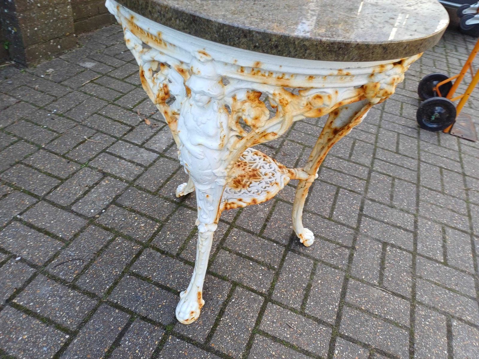 photo buy Victorian Cast Iron Britannia Garden Table   Marble Top Outdoor Bistro Table   Antique English Garden Furniture