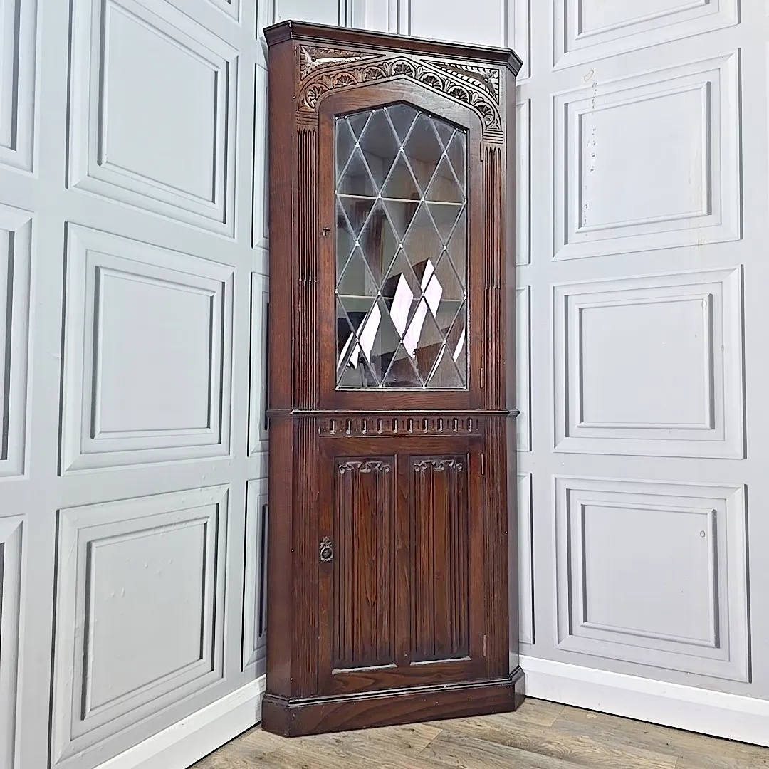 Vintage Corner Cabinet Leaded Glass Oak Gothic Revival Antique Style Cupboard