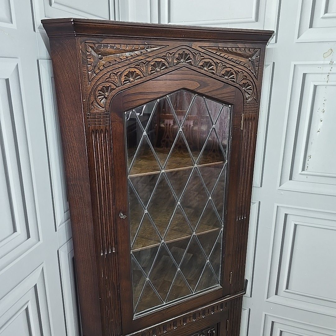 Vintage Corner Cabinet Leaded Glass Oak Gothic Revival Antique Style Cupboard photo Furniture