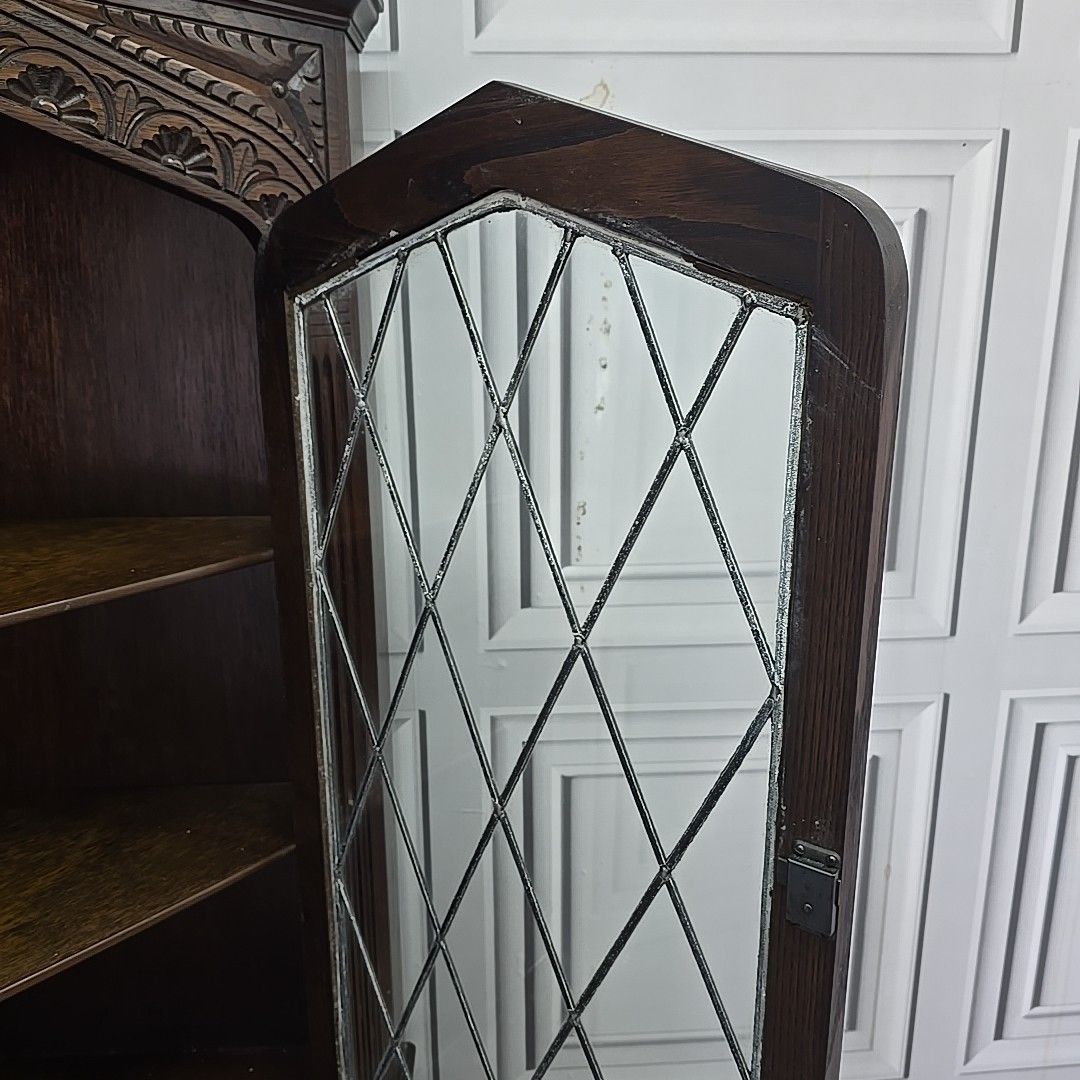 photo furniture Vintage Corner Cabinet Leaded Glass Oak Gothic Revival Antique Style Cupboard