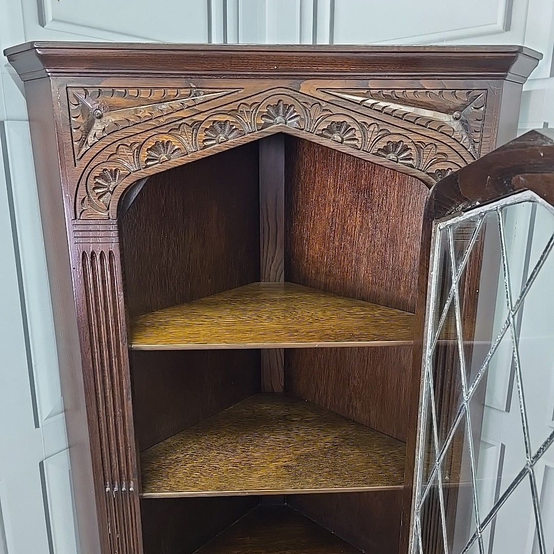 photo for sale Vintage Corner Cabinet Leaded Glass Oak Gothic Revival Antique Style Cupboard