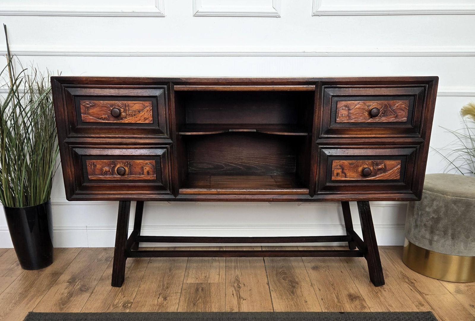 photo furniture Italian Alpine Rustic Folk Art Chalet Carved Italian Sideboard Credenza