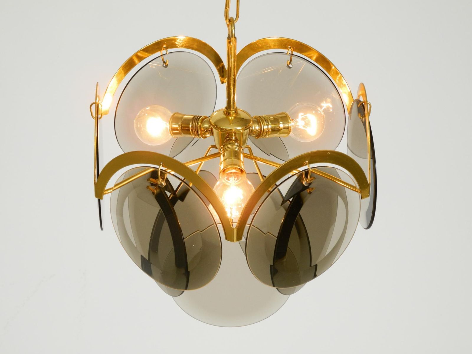 photo for sale Beautiful 1960s Large Brass Ceiling Chandelier With Large Round Glass Plates