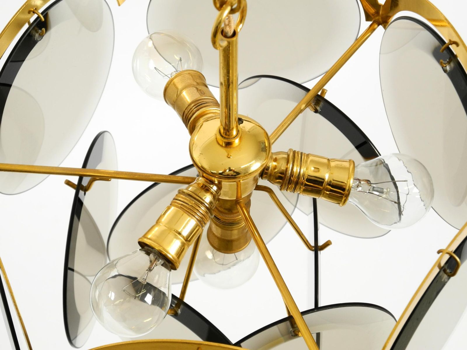 photo vinterior Beautiful 1960s Large Brass Ceiling Chandelier With Large Round Glass Plates