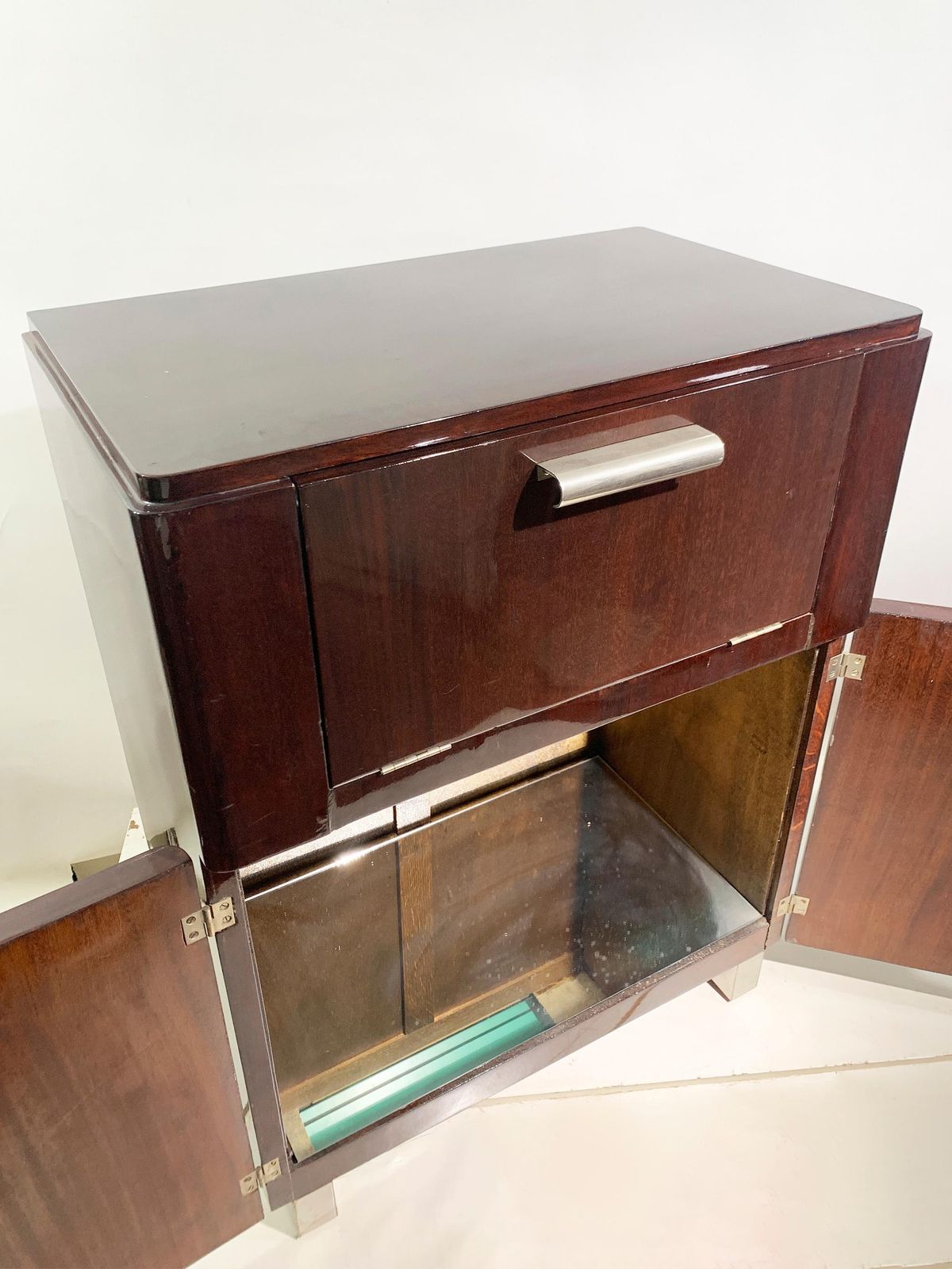 Furniture Art Deco Polished Mahogany Bar Cabinet With Mirrored Interior, Circa 1930's photo