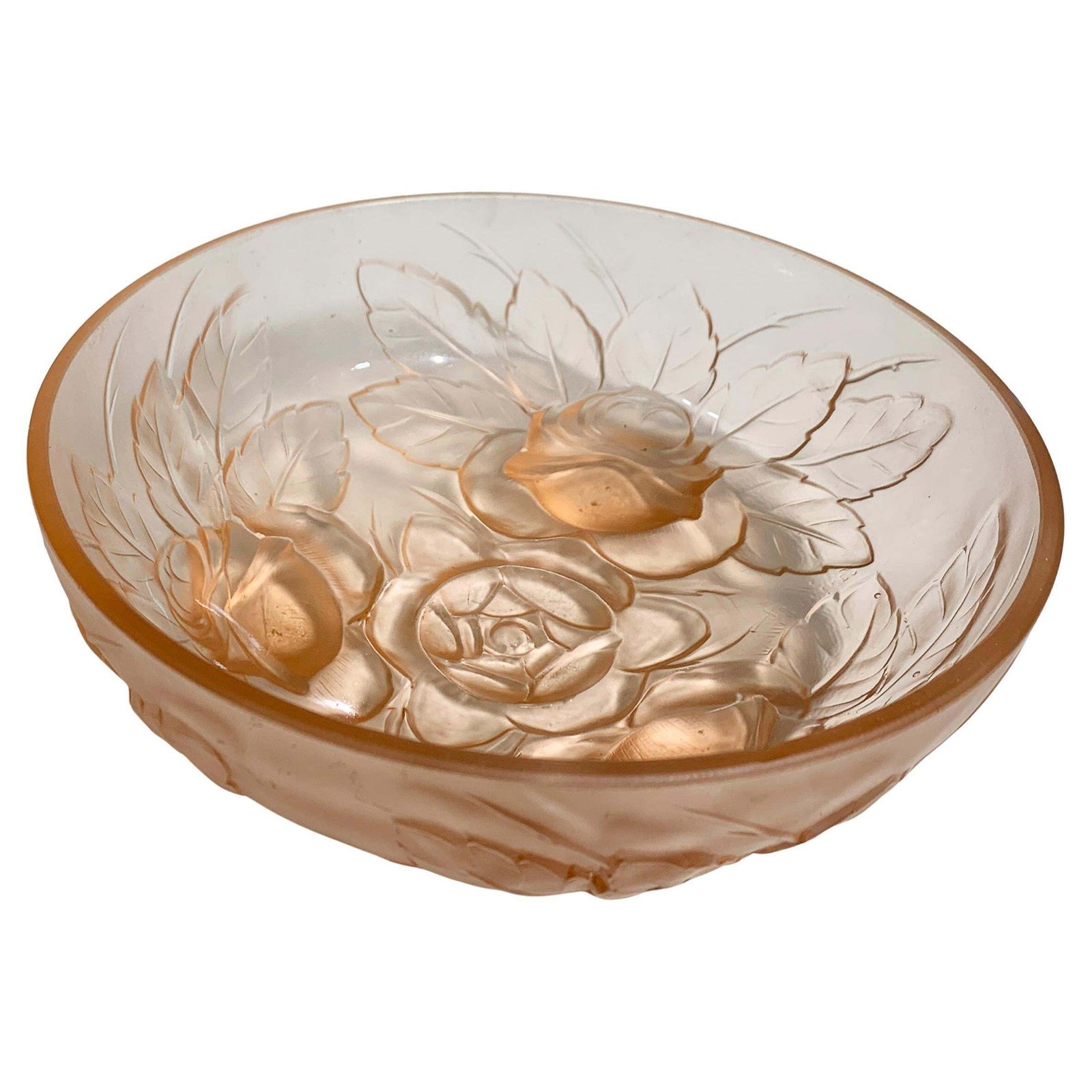 Muller Frères Lunévill Art Deco Peach Frosted Pressed Glass Rose Centerpiecebowl