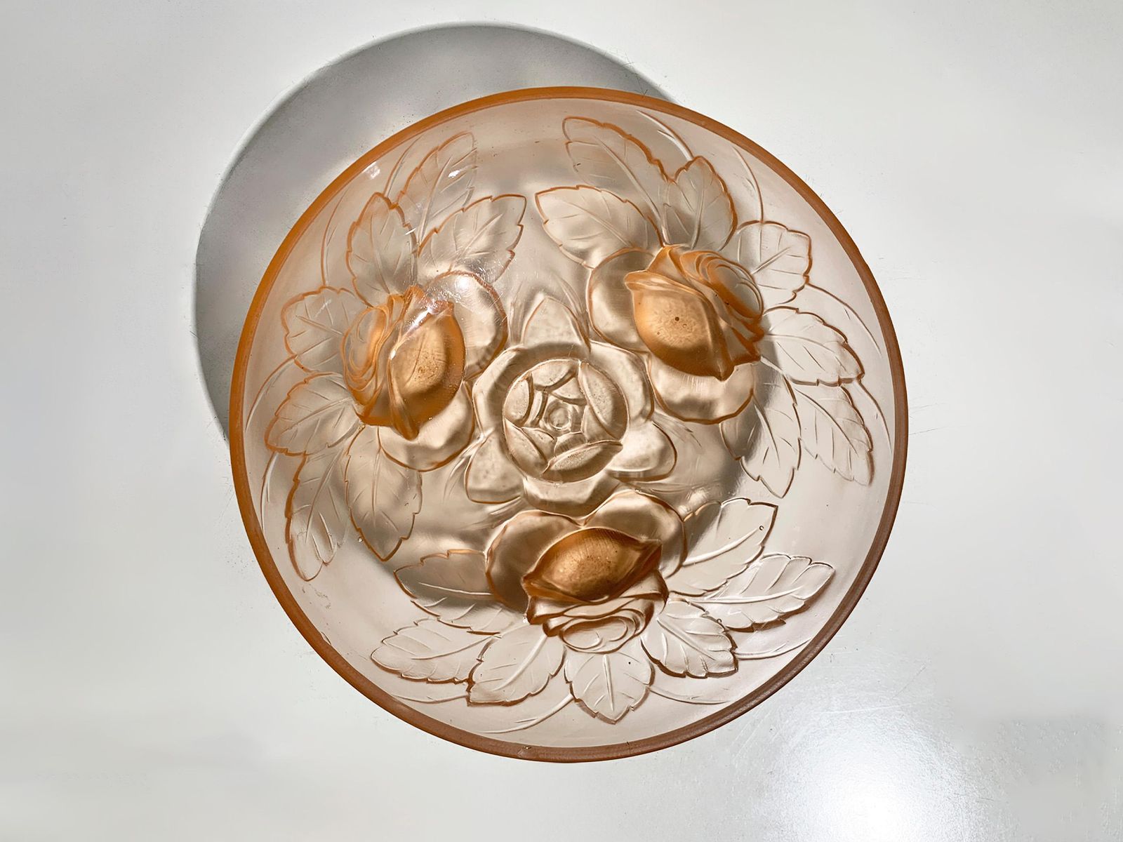 Muller Frères Lunévill Art Deco Peach Frosted Pressed Glass Rose Centerpiecebowl photo furniture