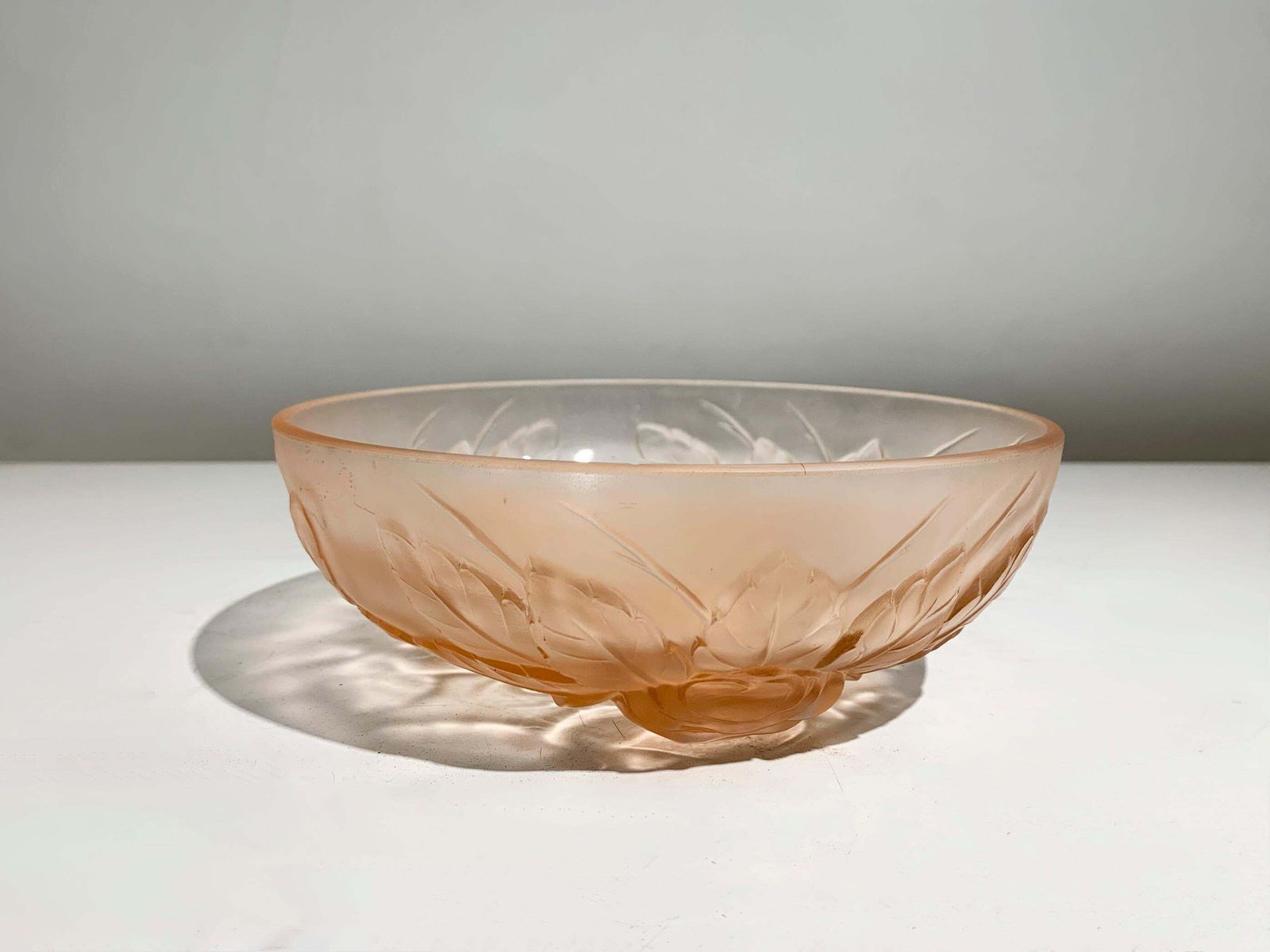 Muller Frères Lunévill Art Deco Peach Frosted Pressed Glass Rose Centerpiecebowl photo for sale