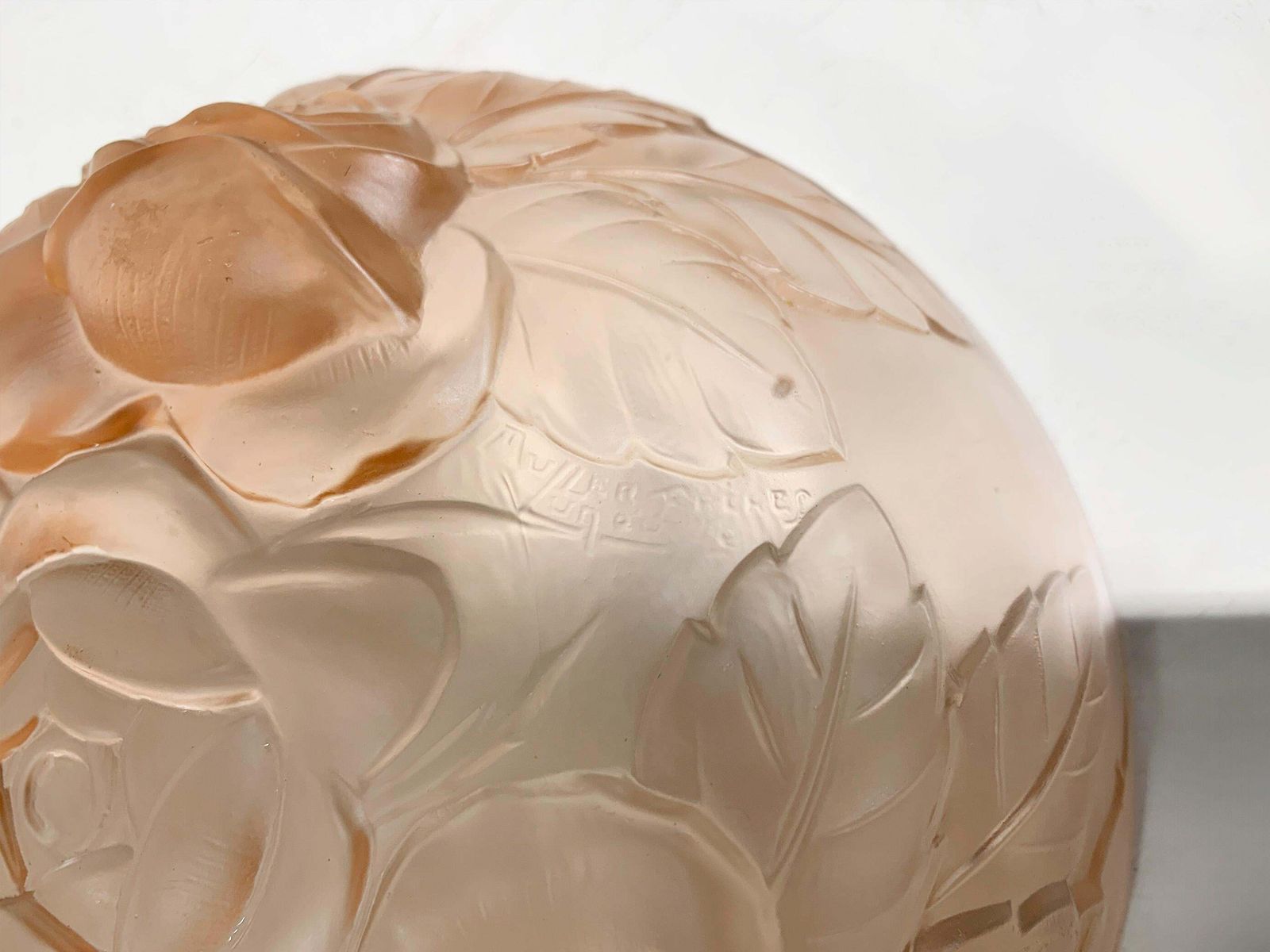 Muller Frères Lunévill Art Deco Peach Frosted Pressed Glass Rose Centerpiecebowl photo 1384.0