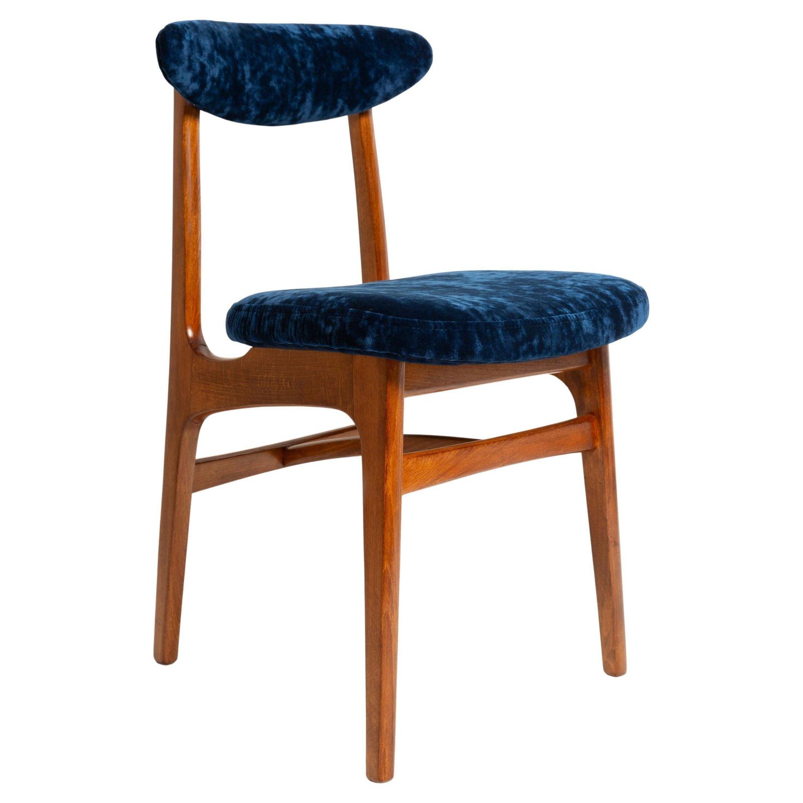 Mid Century Navy Blue Velvet Chair, Walnut Wood, Rajmund Halas, 1960s