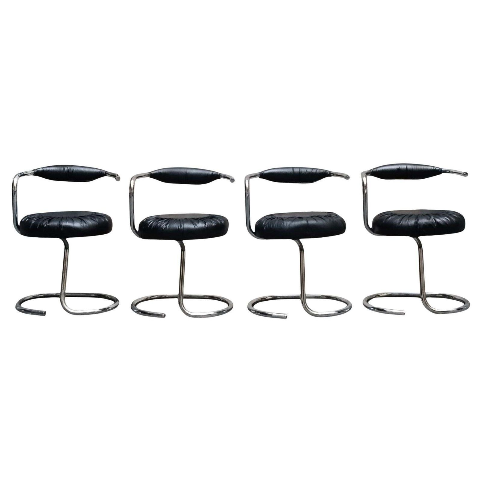 Giotto Stoppino Group Of 4 "Cobra" Chairs In Black Leather, Italy 1970s