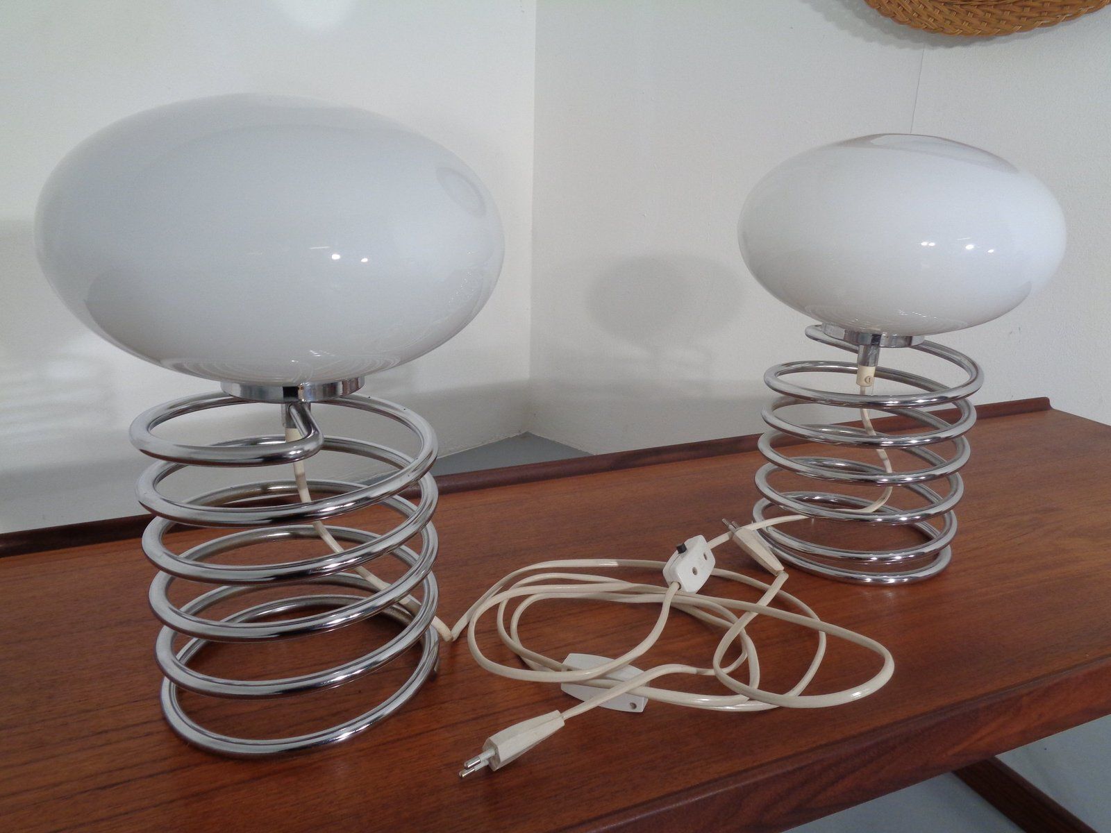 Opaline Glass And Chrome Spiral Table Lamp By Ingo Maurer For Honsel, Germany, 1970s photo for sale