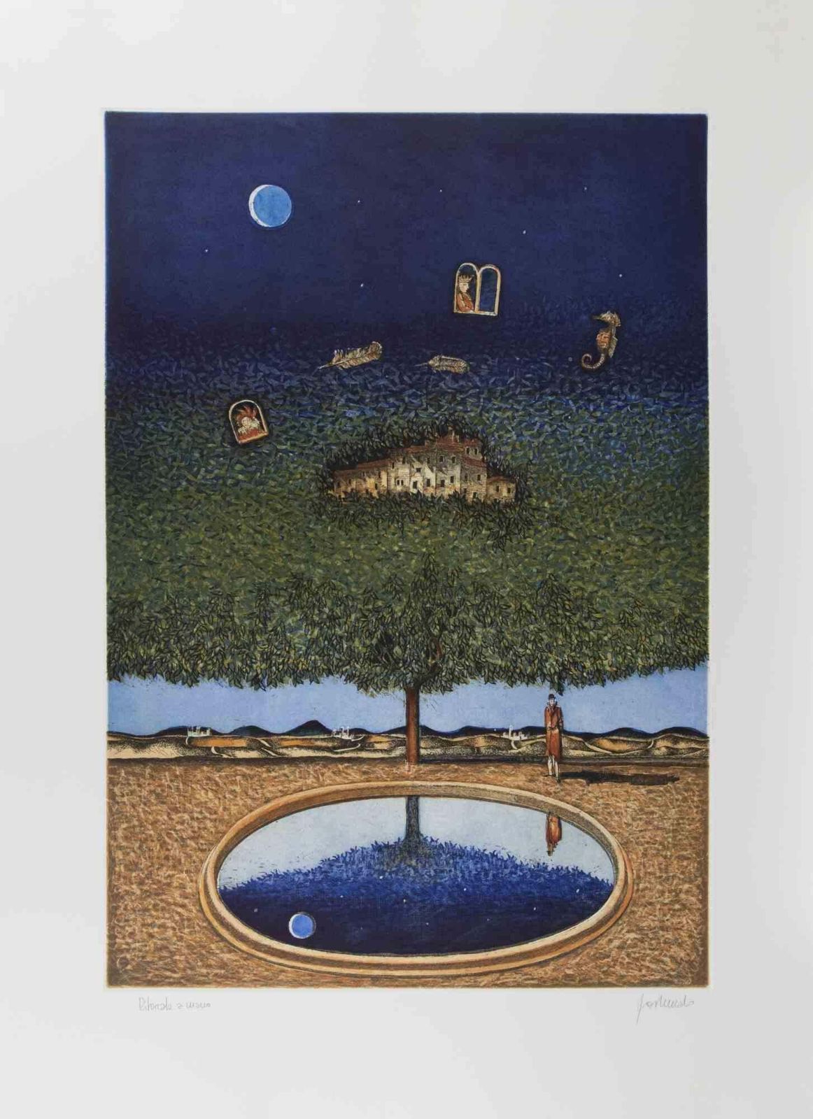 Franco Fortunatodreamlike Landscape With Tree, Moon...   Lithograph By Franco Fortunato   1990s1990s