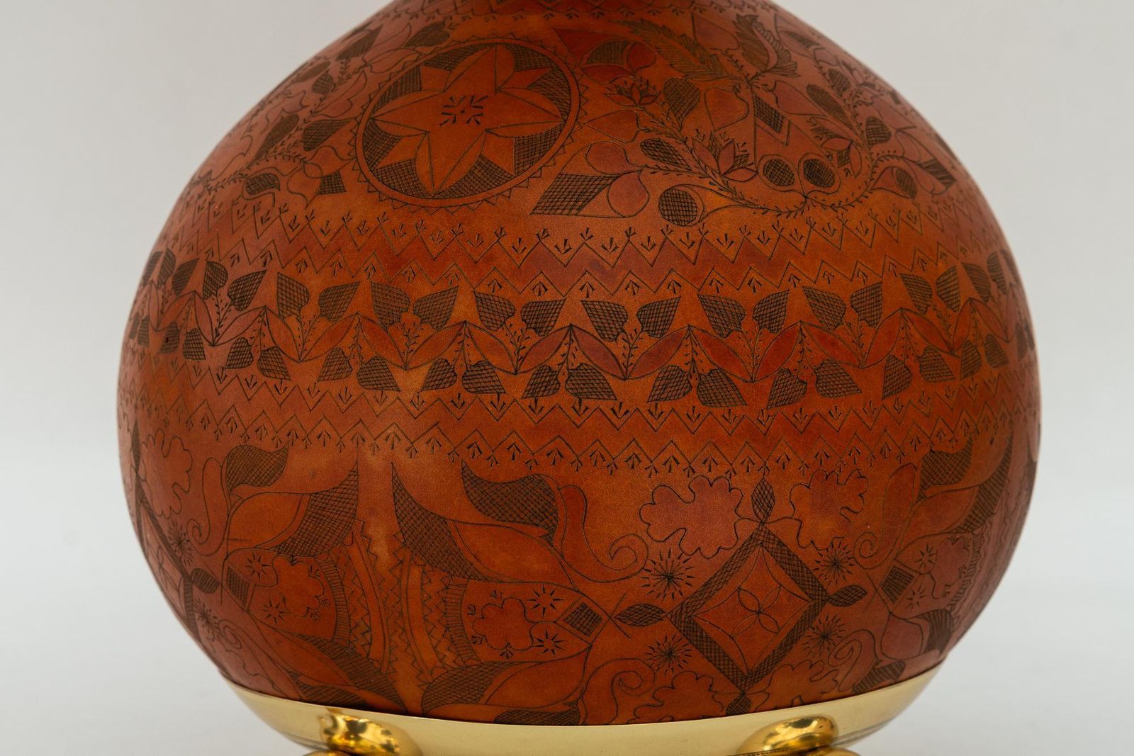 Art Deco Table Lamp With A Sort Of Pumpkin Hand Engraved With Fabric Shade 1920s photo for sale