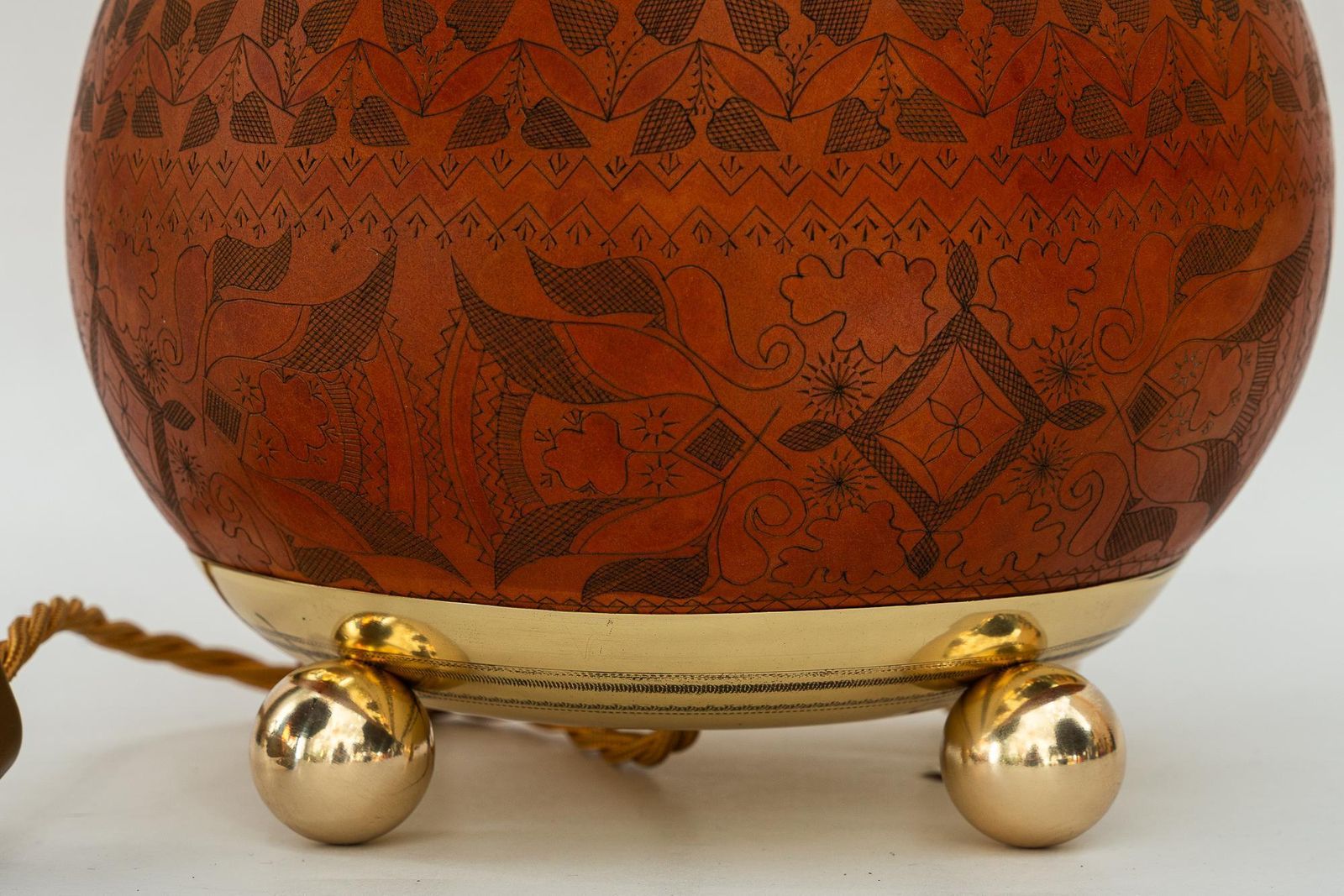 Art Deco Table Lamp With A Sort Of Pumpkin Hand Engraved With Fabric Shade 1920s photo vinterior