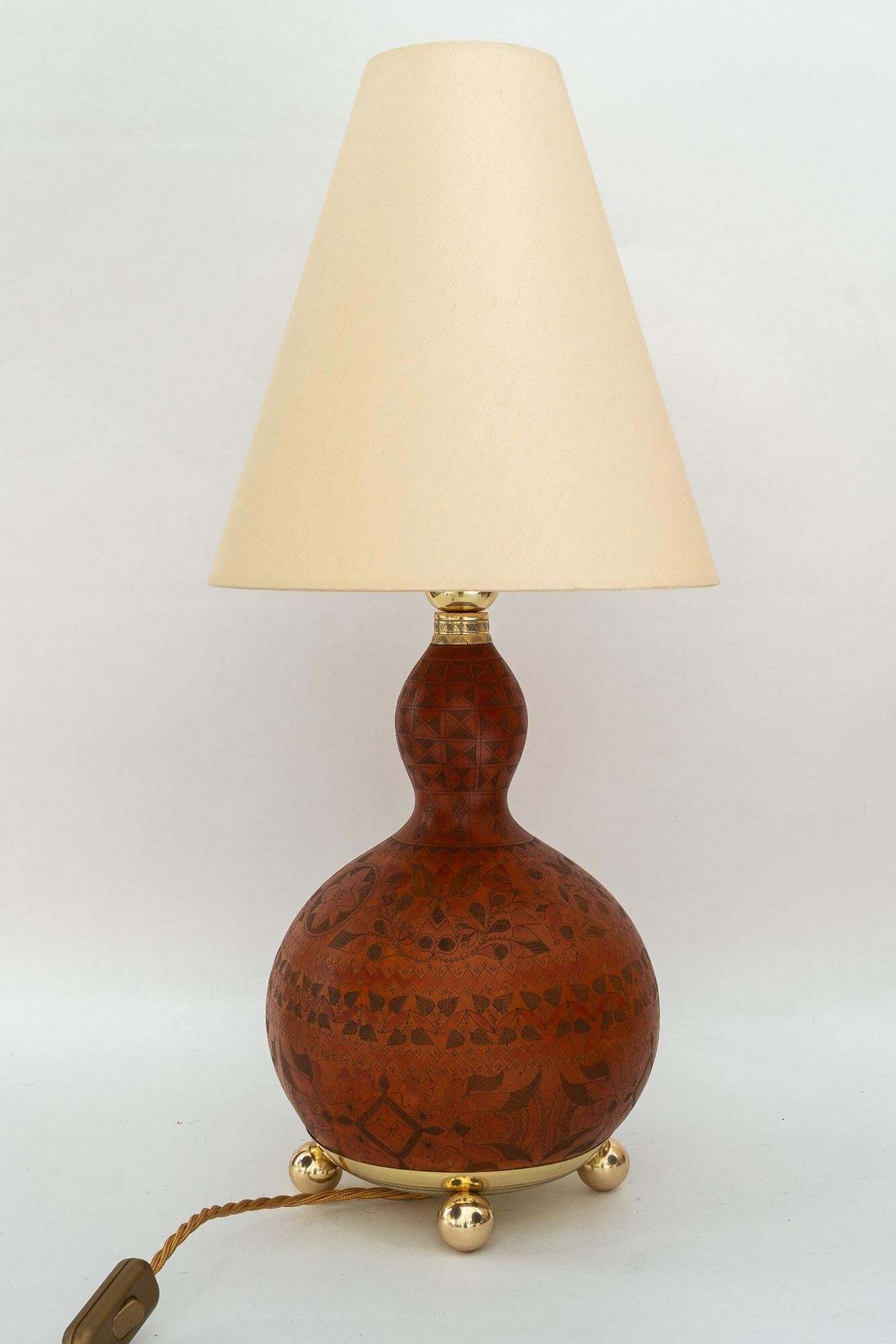 photo furniture Art Deco Table Lamp With A Sort Of Pumpkin Hand Engraved With Fabric Shade 1920s