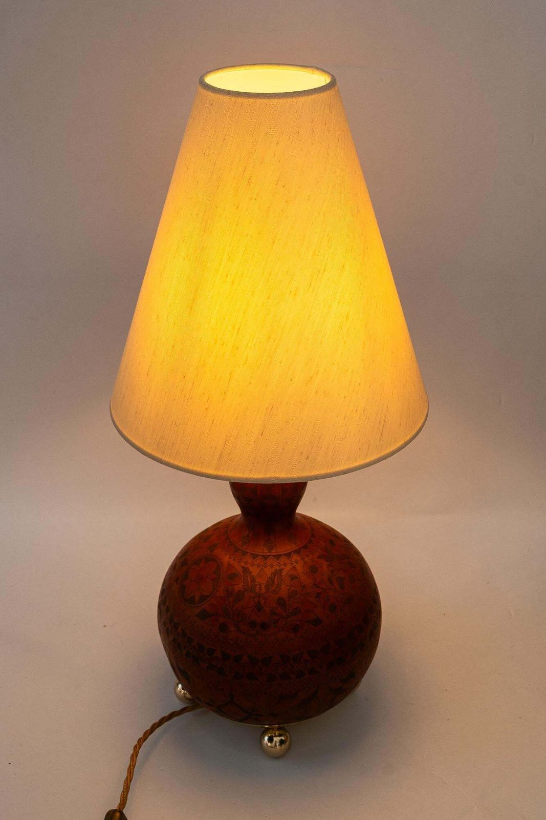 796.0 Art Deco Table Lamp With A Sort Of Pumpkin Hand Engraved With Fabric Shade 1920s photo