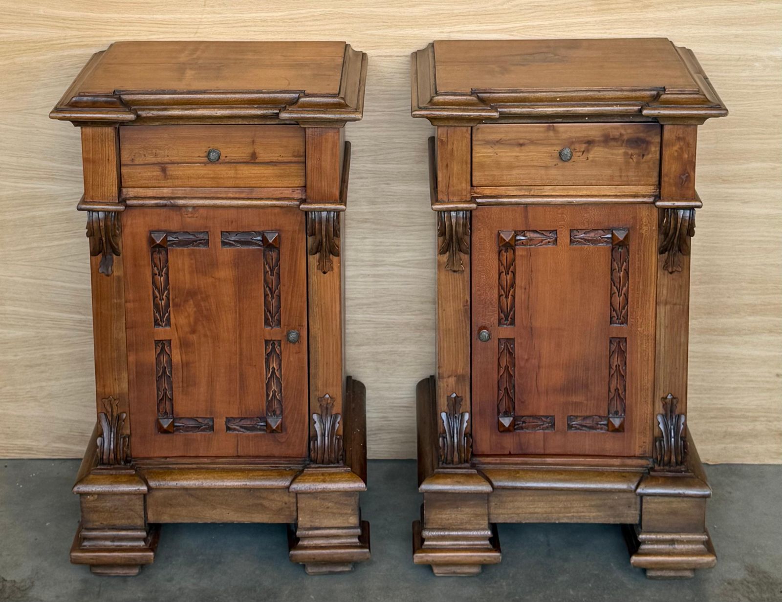French Provincial Carved Walnut Nightstands With Drawer And Door, 1920, Set Of 2 photo for sale