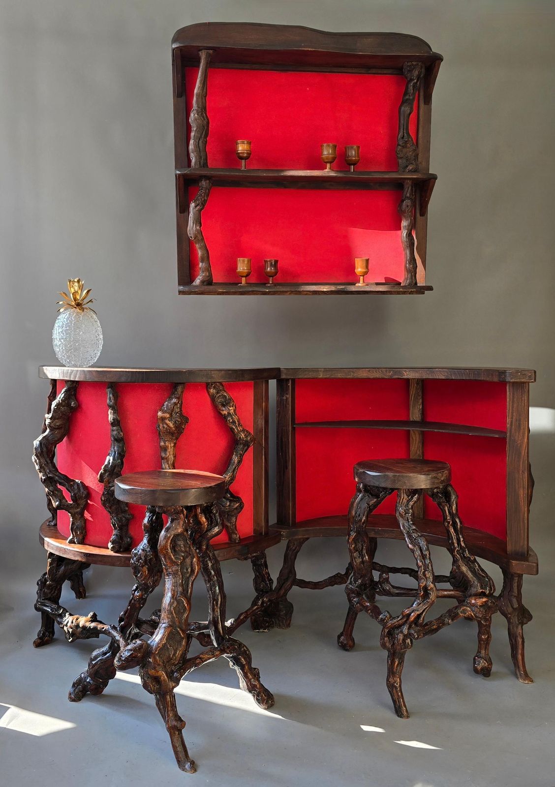 Rare Sculptural Brutalist Rootwood Bar Ensemble France 1950s 5 Piece Dry Bar Set photo buy
