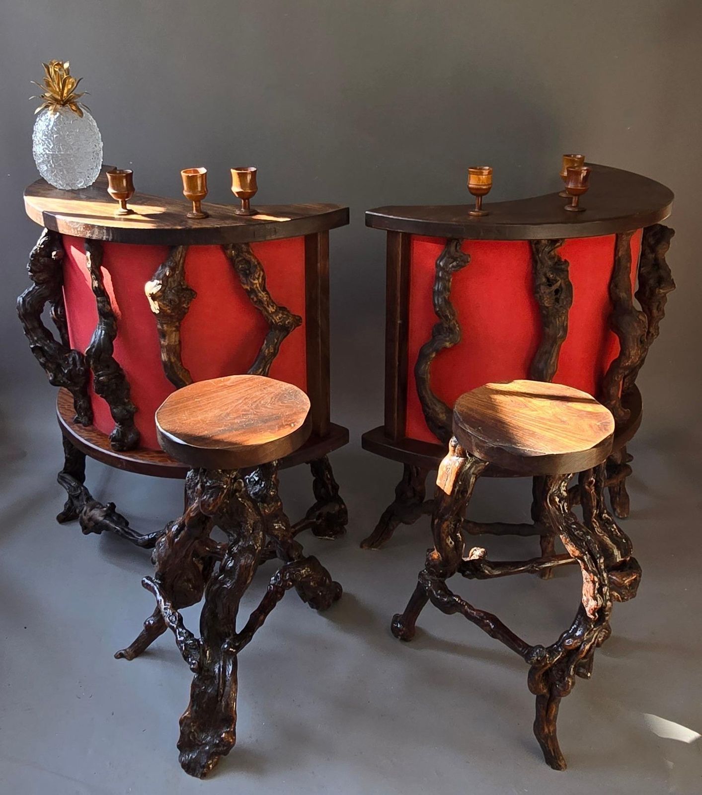Furniture Rare Sculptural Brutalist Rootwood Bar Ensemble France 1950s 5 Piece Dry Bar Set photo