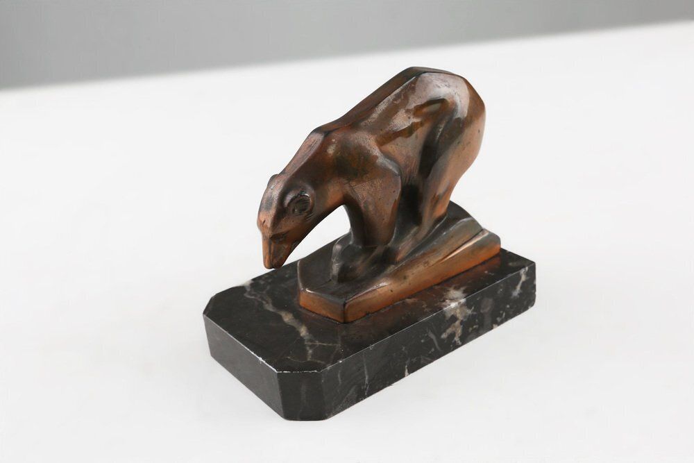 Art Deco Metal Polar Bear On Black Marble Base, France, 1930s photo for sale