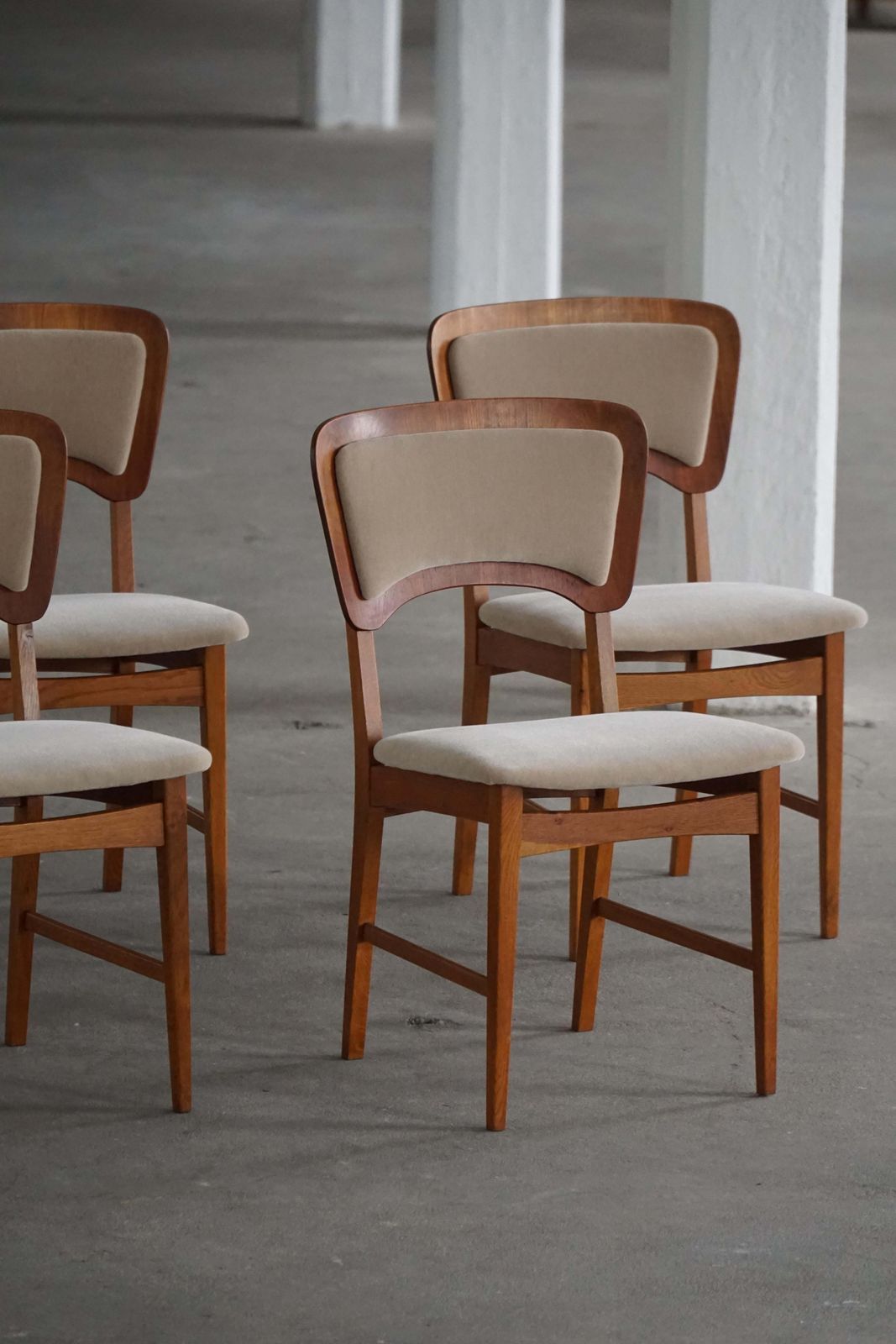 Danish Mid 20th Century, Set Of 6 Dining Chairs In Oak, Teak & Mohair, 1960s photo Furniture