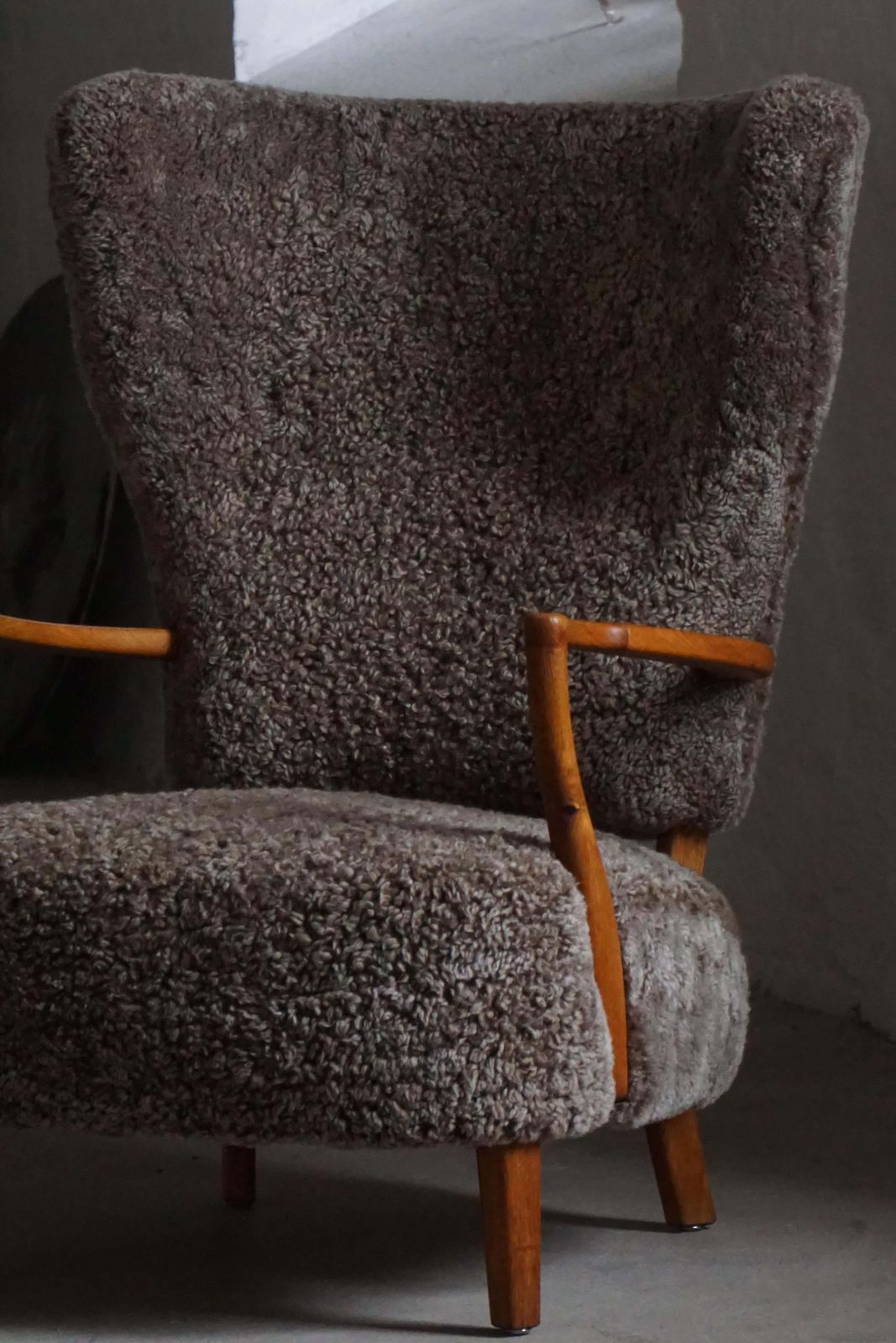 High Back Lounge Chair In Oak & Lambswool, Danish Modern, Viggo Boesen, 1950s photo buy