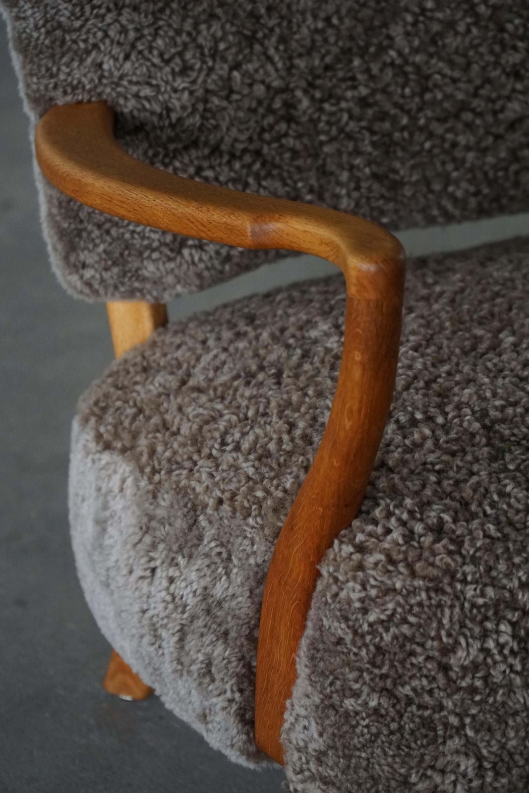 photo buy High Back Lounge Chair In Oak & Lambswool, Danish Modern, Viggo Boesen, 1950s