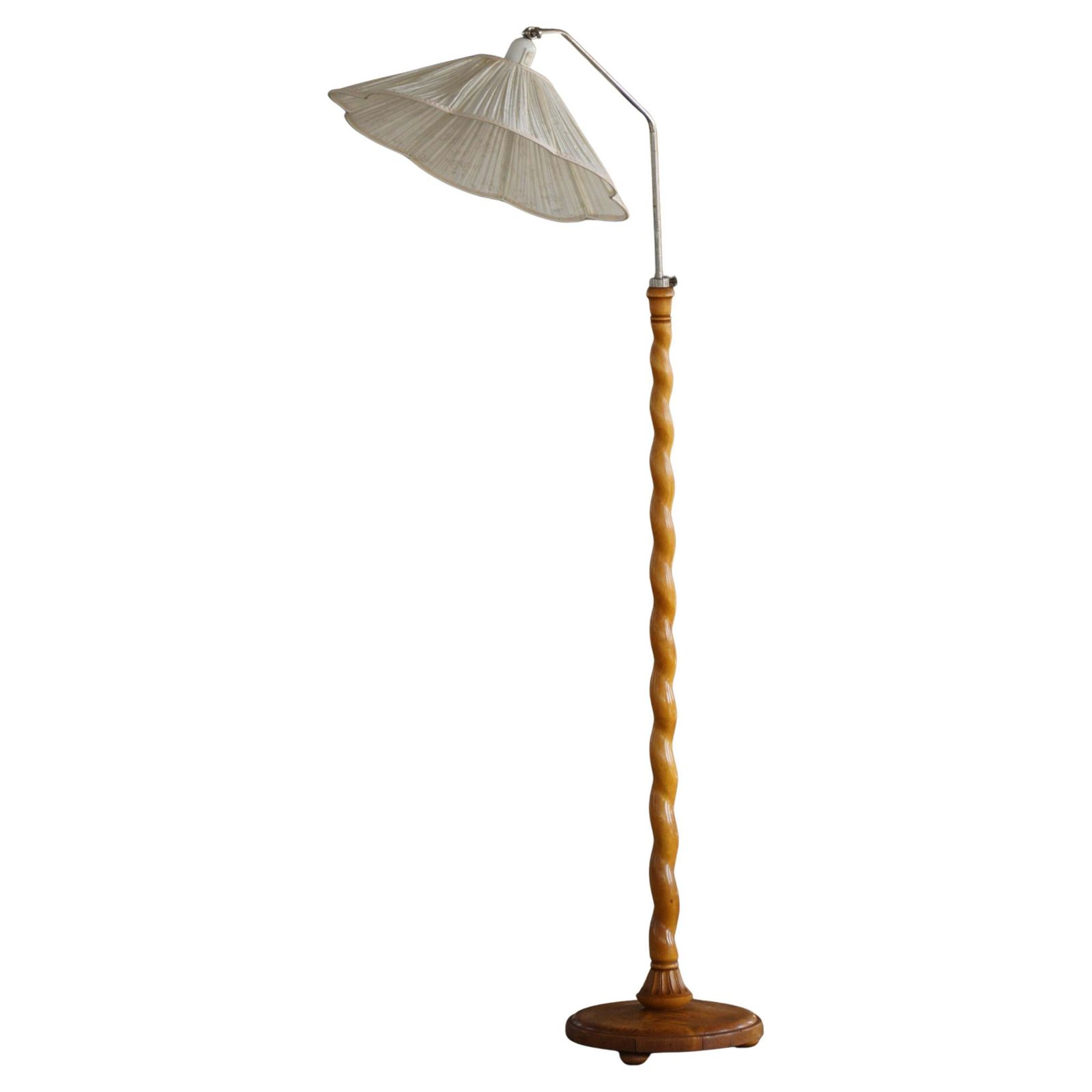 Swedish Floor Lamp With Turned Birch Base And Pleated Shade, Mid 20th Century