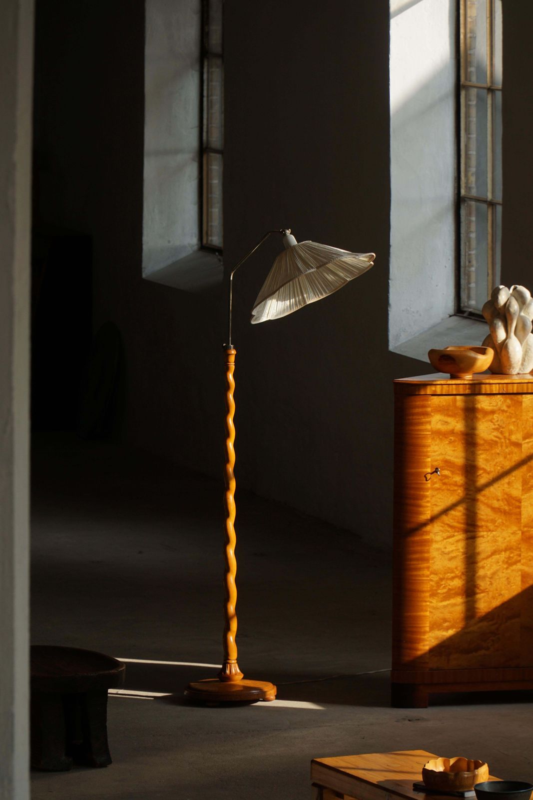 Swedish Floor Lamp With Turned Birch Base And Pleated Shade, Mid 20th Century photo 2136.0