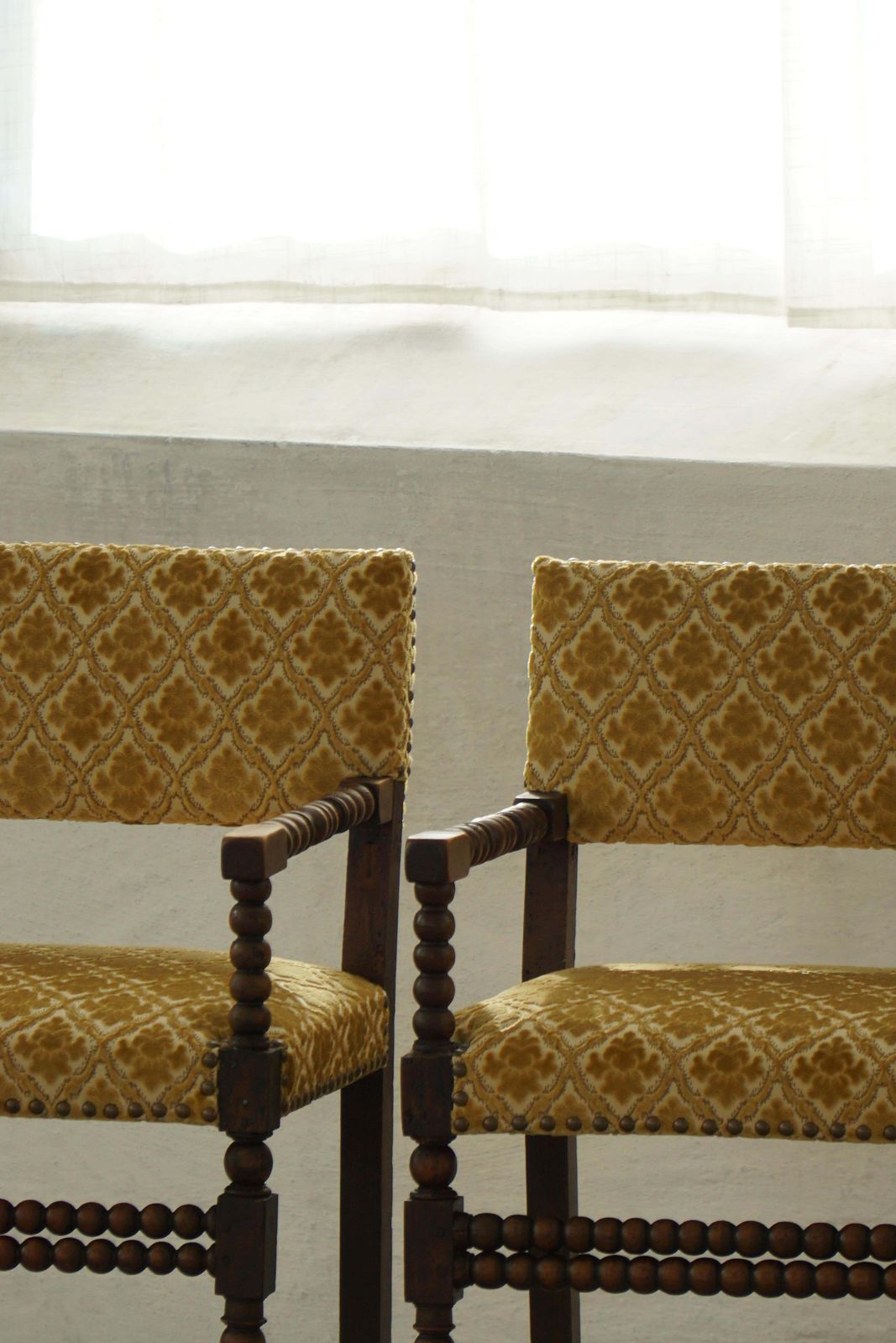 French Bobbin Louis XIII Style Armchair, Patterned Fabric, Early 20th Century photo for sale