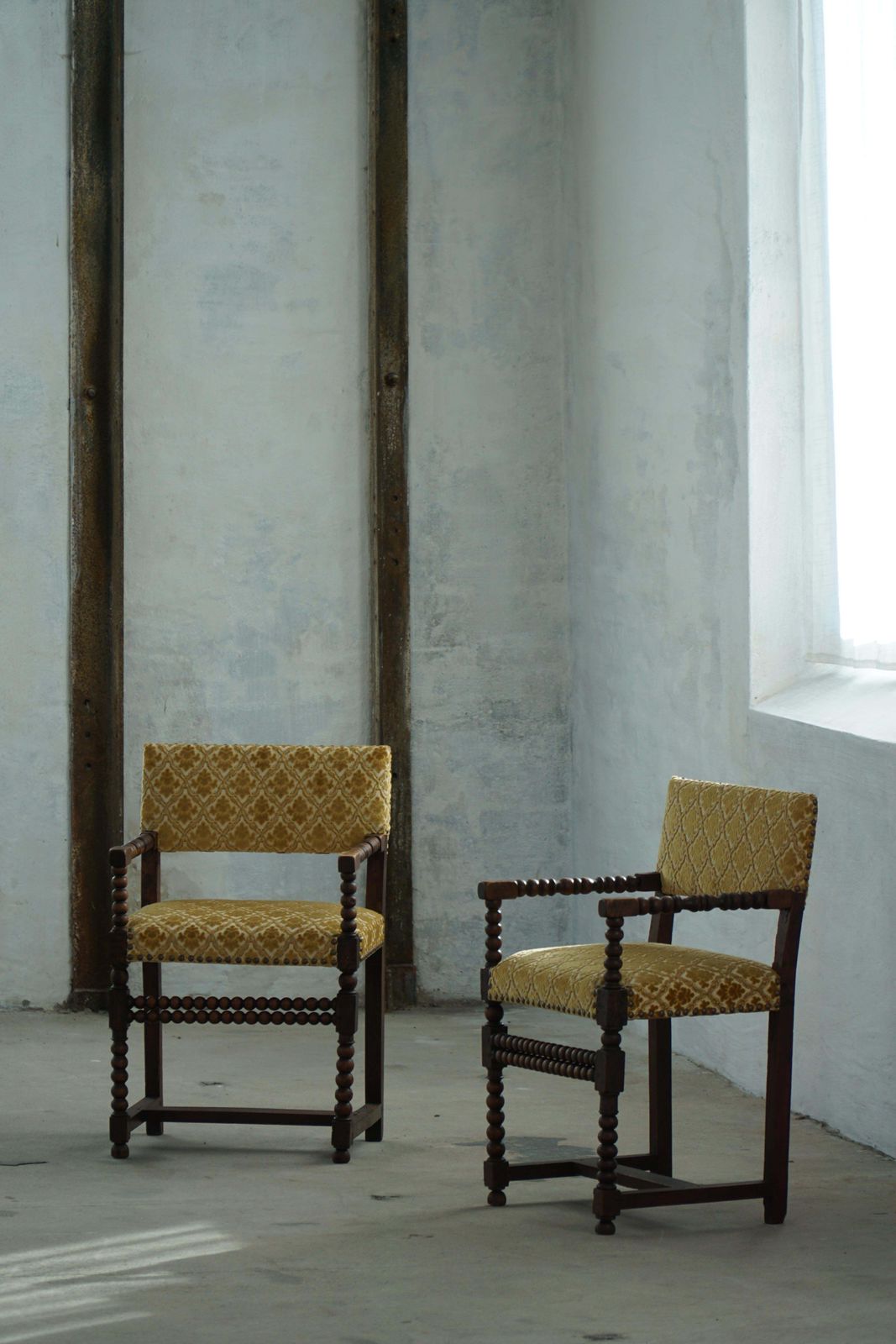 photo furniture French Bobbin Louis XIII Style Armchair, Patterned Fabric, Early 20th Century