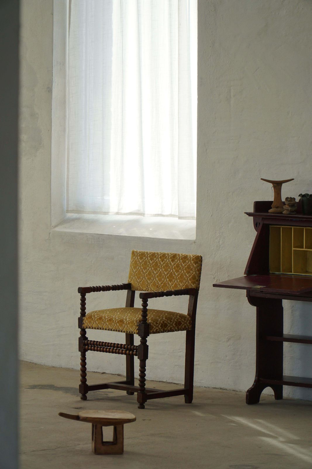 photo for sale French Bobbin Louis XIII Style Armchair, Patterned Fabric, Early 20th Century