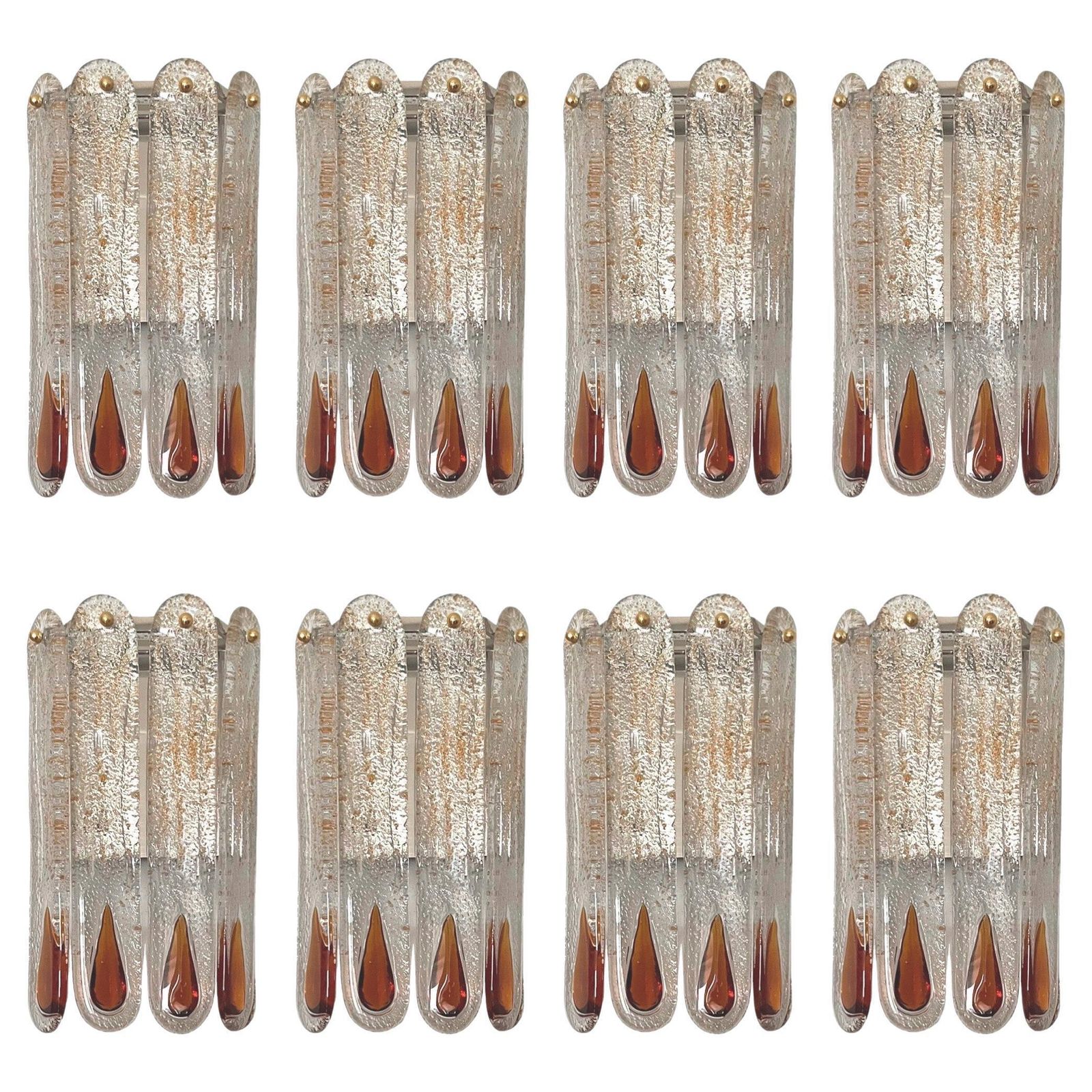 Italian Mid Century Set Of Eight Amber Murano Wall Sconces By Mazzega, 1970s