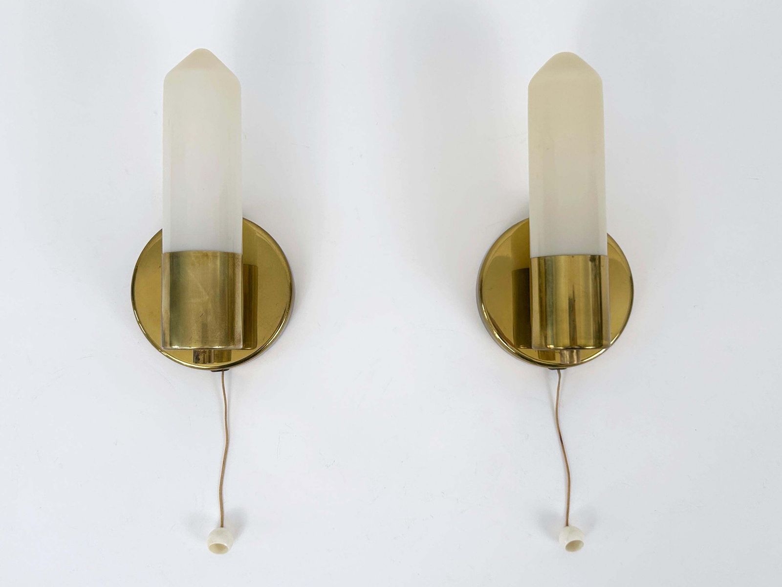 Set Of Two Elegant Bauhaus Brass & Opaline Glass Sconces Germany 1950s photo for sale