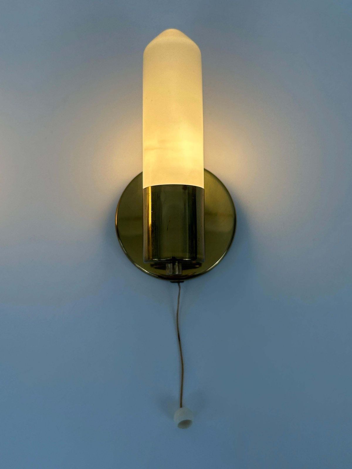 photo for sale Set Of Two Elegant Bauhaus Brass & Opaline Glass Sconces Germany 1950s