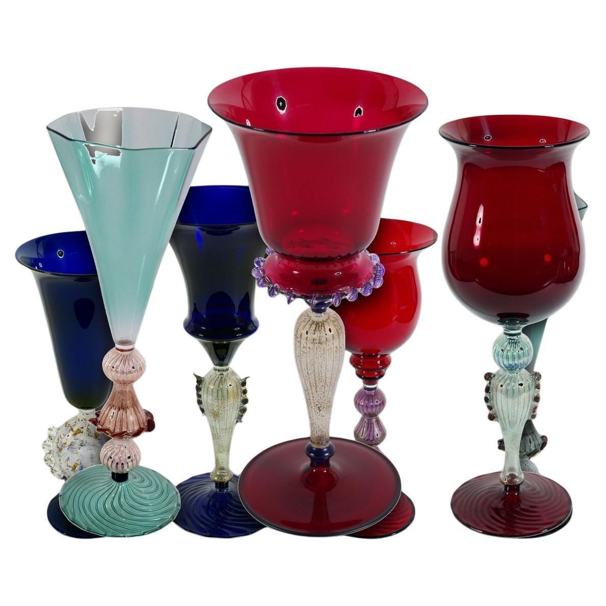 Set Of 17 Murano Art Glass Goblets In Art Deco Taste, Italy, Circa 1930 1940