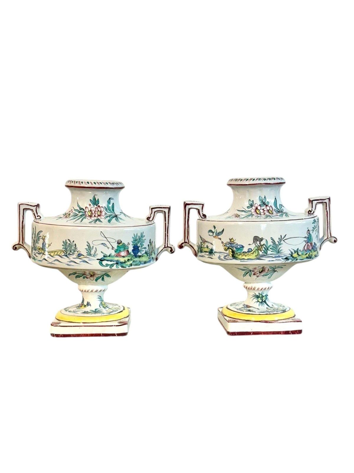 Pair Of French Faience Hand Painted Chinoiserie Urns, 19th Century photo for sale