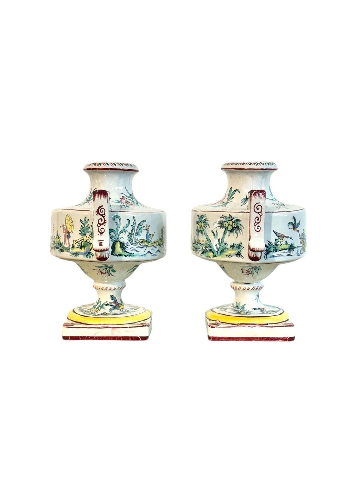 Pair Of French Faience Hand Painted Chinoiserie Urns, 19th Century photo Home Decor