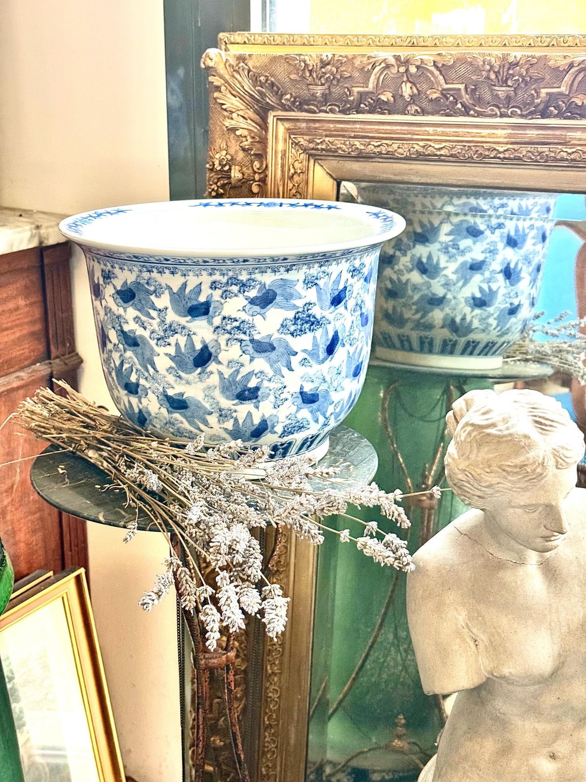 Chinese Blue & White Porcelain Jardinière With Carp, Circa 1900 photo furniture