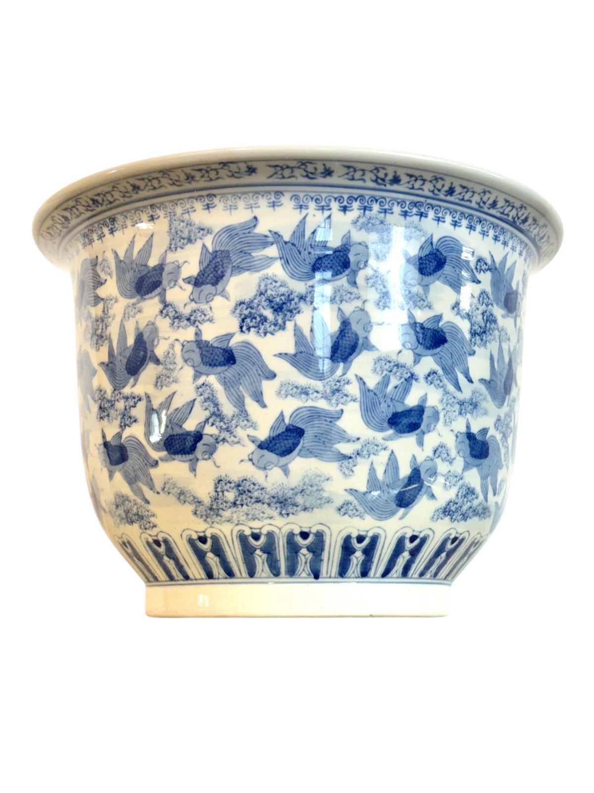 Chinese Blue & White Porcelain Jardinière With Carp, Circa 1900 photo vinterior