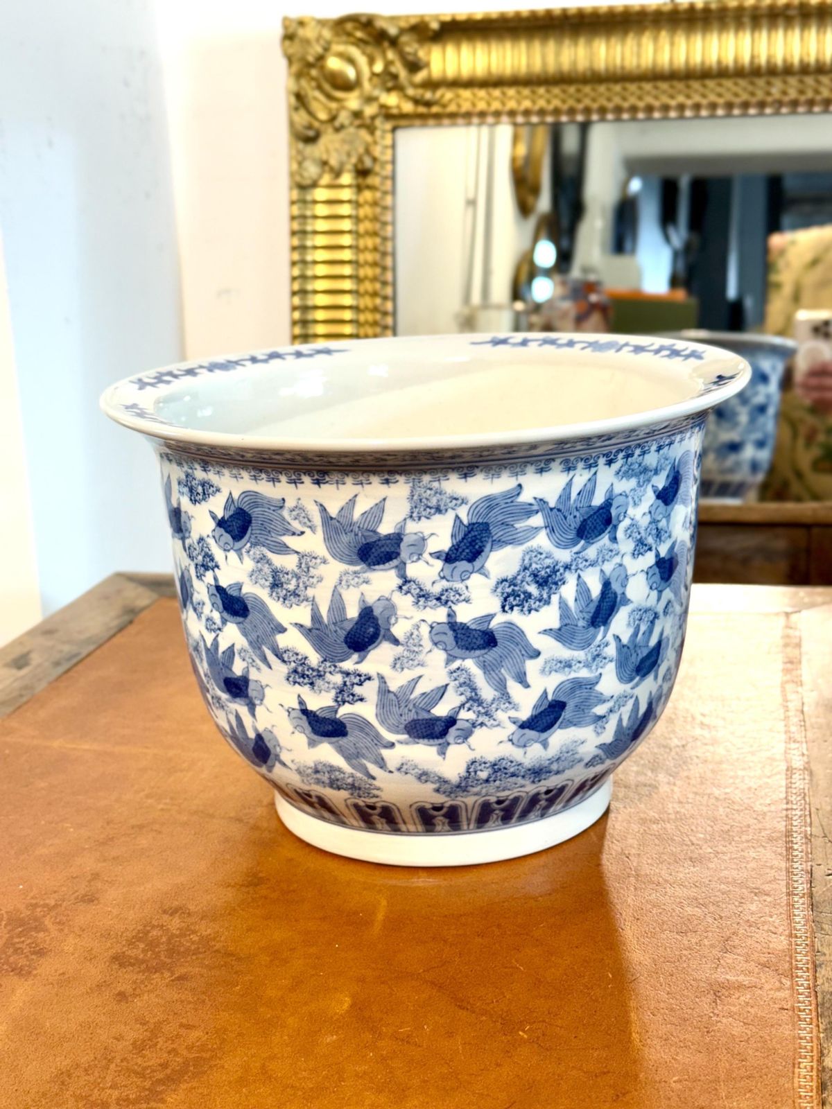 Chinese Blue & White Porcelain Jardinière With Carp, Circa 1900 photo vintage