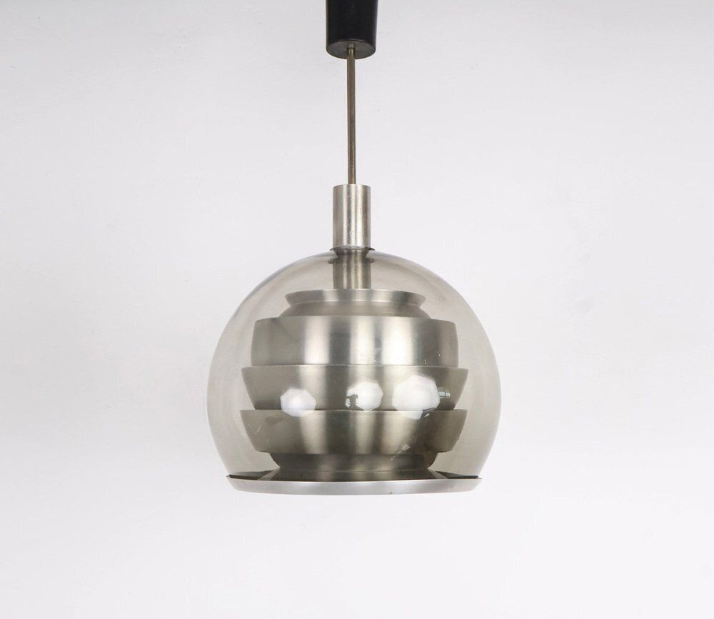 Doria Layered Pendant Lamp In Smoked Glass And Aluminium From Doria Leuchten, 1960s