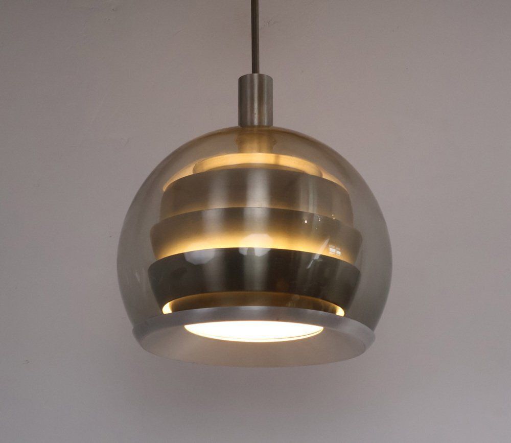 Doria Layered Pendant Lamp In Smoked Glass And Aluminium From Doria Leuchten, 1960s photo vintage