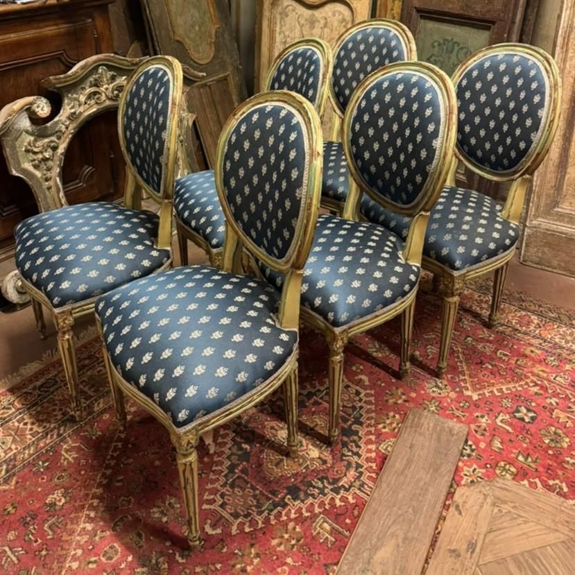 No. 6 Louis XVI Style Chairs, White Lacquer With Blue Lily Fabric, Italy photo for sale