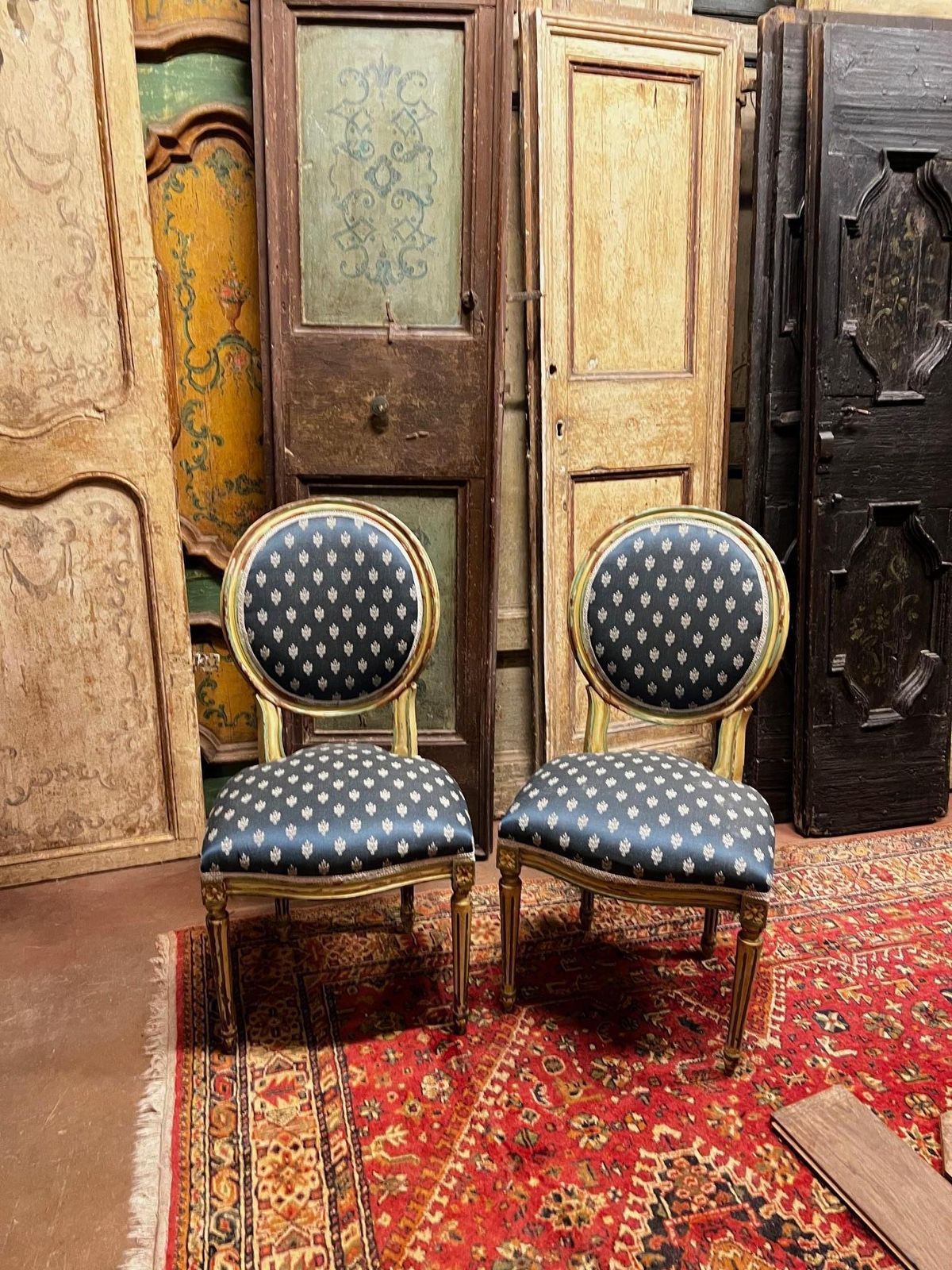 No. 6 Louis XVI Style Chairs, White Lacquer With Blue Lily Fabric, Italy photo 2076.0